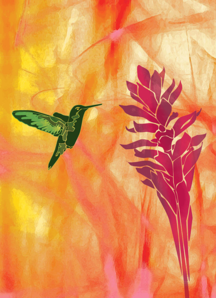 Illustration of a green hummingbird in mid-flight, with wings back. near a vertical red ginger flower, against an abstract yellow-orange background. The hummingbird and ginger flower are drawn as flat areas of color.