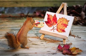 Squirrel painting picture of leaves