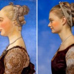 Rennaisance portrait of woman (left); photograph or woman (right)