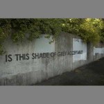 Graffiti on wall; "Is this shade of grey acceptable?"