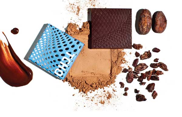 Tcho chocolate package, ground chocolate and cocoa nibs