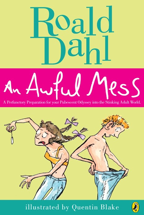 Fake book cover: "An Awful Mess: A Perfunctory Preparation for your Pubescent Odyssey into the Stinking Adult World." by Roald Dahl, Illustrated by Quentin Blake