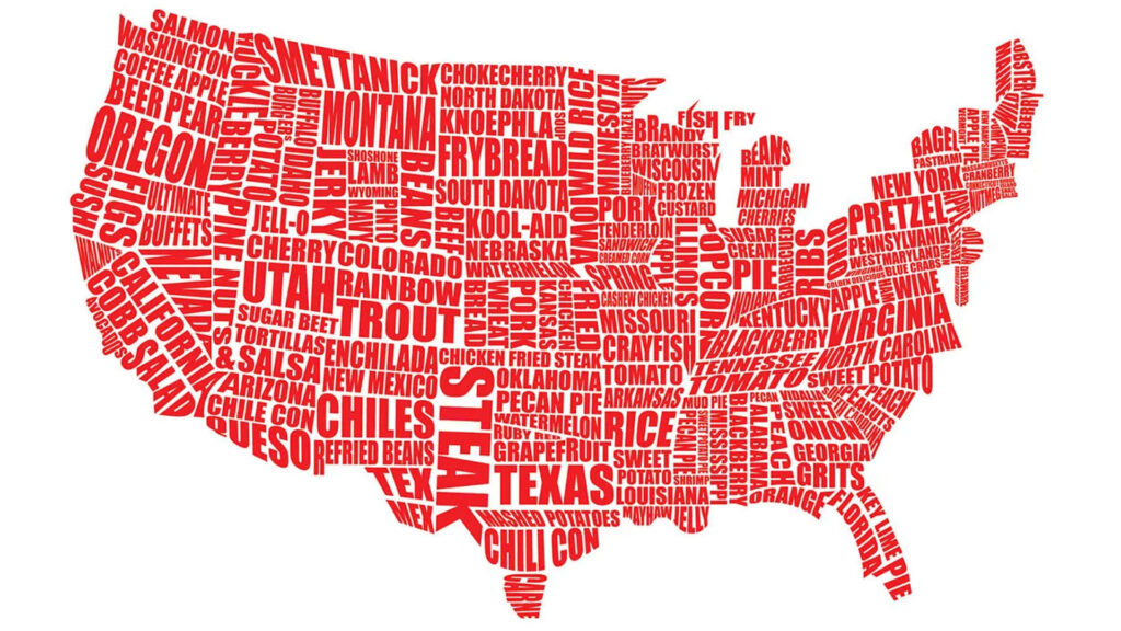 Typographic map of American foods: favorite foods of each state in red type, warped into the contours of the state's shape.