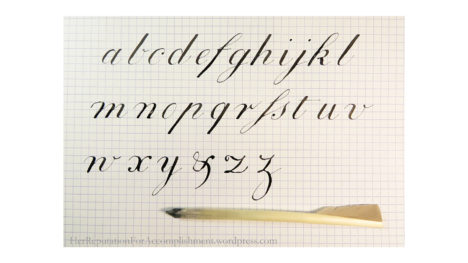 Hand-written alphabet in Copperplate script on graph paper, with quill pen
