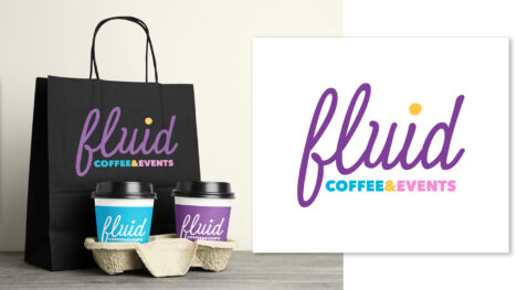 Left side: Photo mockup of a black gift bag and two paper coffee cups with black lids in a cardboard carrier. The gift bag has the "Fluid Coffee & Events" logo on it in full color. The left coffee cup is bright turquoise with the logo in white; the right cup is bright purple with the logo in white. Right side: Fluid Coffee & Events logo. "fluid" purple all lowercase script; below that, turquoise "COFFEE" all caps sans serif, yellow "&," bright pink "EVENTS" all caps sans serif.