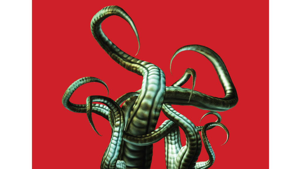 Front of card, horizontal rectangular illustration of eight entwined green tentacles coming upwards from a point below the bottom edge, on a background of bright red.