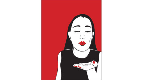 Cut paper-style digital illustration of a woman from the chest up, blowing a kiss at the viewer. The woman's skin is dead white; the background and her lips and fingernails are red; and her hair, dress, and the outlines of her features are black.