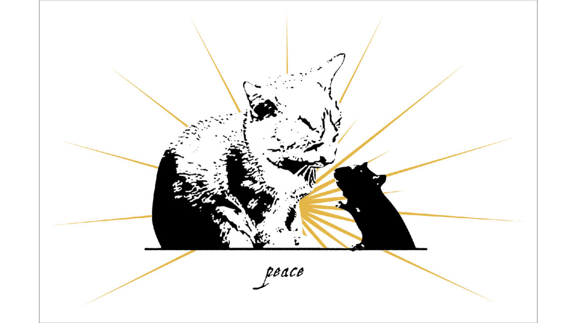 Black, engraving-style images of kitten and mouse facing each other. Behind images is a double starburst of thin gold rays. Type below images in antique script type: "peace."