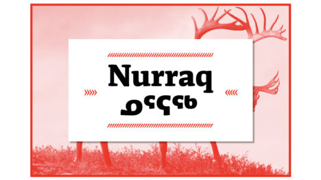 Red-tinted photo of a single caribou with a white rectangle superimposed. Two lines of black type inside that: "Nurraq" in English letters and in the "Nurraq" Inuktitut typeface.