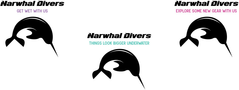 Secondary logos with black headlines and narwhal illustrations: left-hand logo has subhead "GET WET WITH US" in light purple type; center logo has subhead "THINGS LOOK BIGGER UNDERWATER" in teal; right-hand logo has subhead 'EXPLORE SOME NEW GEAR WITH US" in magenta.
