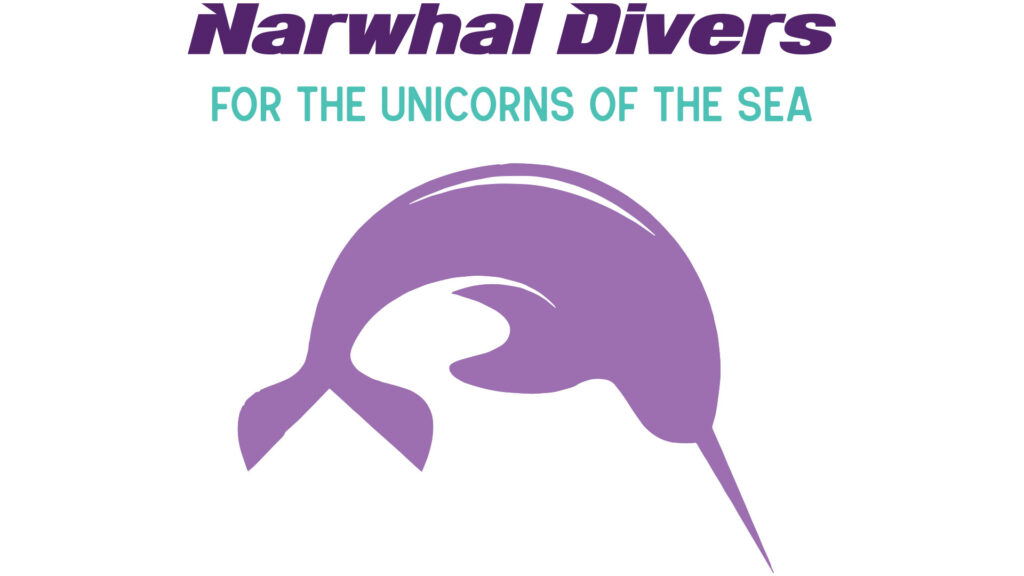 "Narwhal Divers" in a dark purple bold italic sans serif font; centered underneath is subhead FOR THE UNICORNS OF THE SEA" in teal sans serif all caps; underneath that is a light purple stylized illustration of a narwhal curved downwards in a dive.