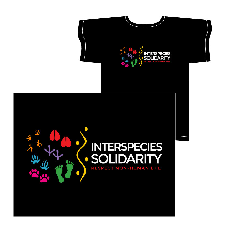 T-shirt design: image isolated on black in front, image placed on black t-shirt in back. Colorful tracks on left side of design: deer, frog, bear, cat, bird, snake and human. On right: "INTERSPECIES SOLIDARITY" in strong white all-caps type. Underneath that, "RESPECT NON-HUMAN LIFE" in medium-weight red all-caps type.