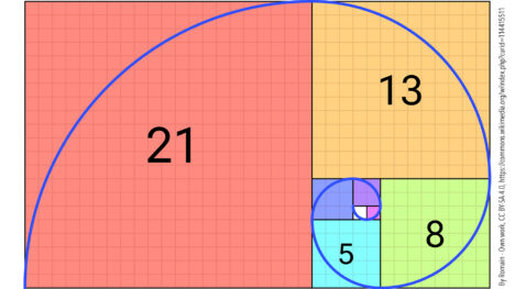 Fibonacci spiral with sequential arcs of a circle cutting through squares in the Fibonacci sequence