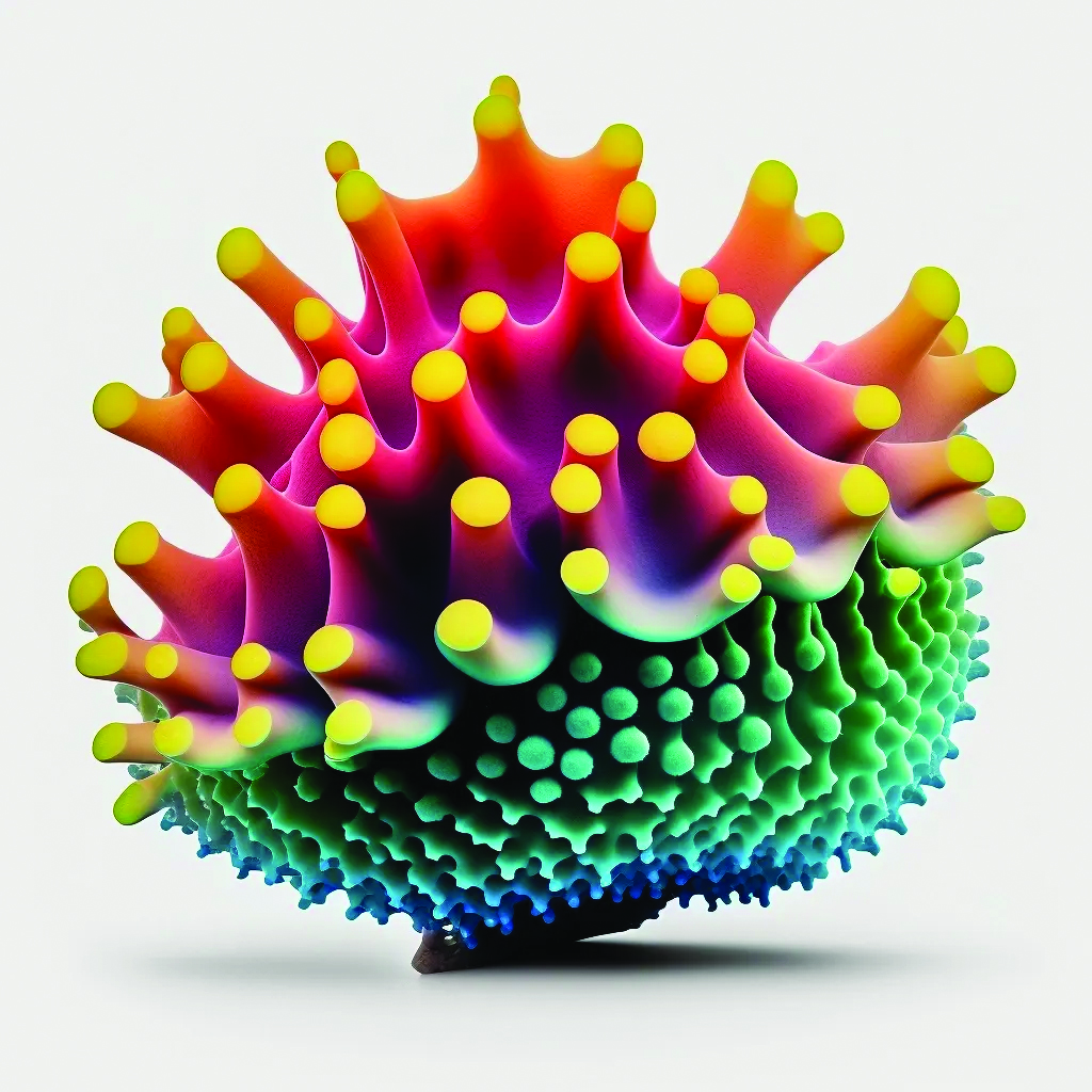 AI-generated image of a brightly colored, roughly spherically shaped sea sponge on a white background. Bottom of sphere is roughly textured blue, changing to roughly textured green higher up. Top half of sphere is purple, shading through red to orange, with strong protrusions ending in truncated yellow circles. 