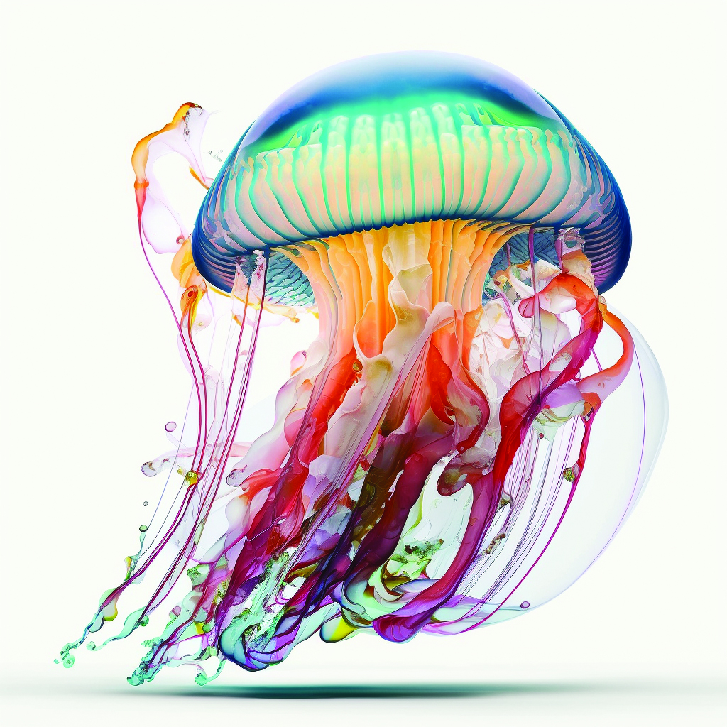AI-generated image of a brightly colored jellyfish on a white background. Top of jellyfish is transparent blue with yellow underneath; tentacles are yellow shading down to red and then blue.