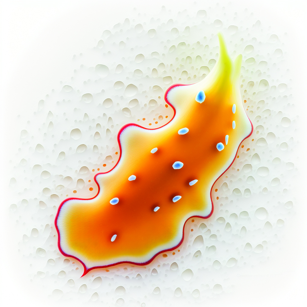AI-generated image of a brightly colored flatworm on a white background. Long shape, ruffled on sides, is bright yellow-orange shading to white further out, with red edge. Blue-white dots appear to float over the body.