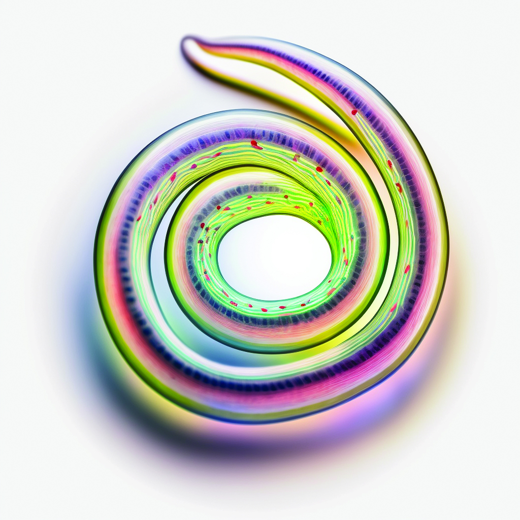 AI-generated image of a brightly colored roundworm on a white background. Long, smooth shape coiled neatly, with outermost end sticking out. Coil is olive green at the edges, shading to white, pink, purple, turquoise and green, moving towards the center.
