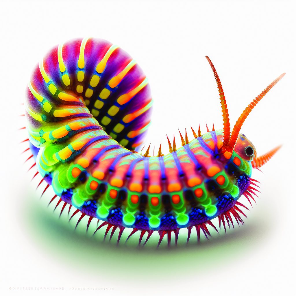 AI-generated image of a brightly colored segmented worm on a white background. Worm is coiled sideways around itself; its segments, moving around the coil, are red, orange, green, turquoise blue and purple. Spikes or feet protrude from each side, orange on one side and magenta on the other. Worm has orange segmented horns and black eyes.