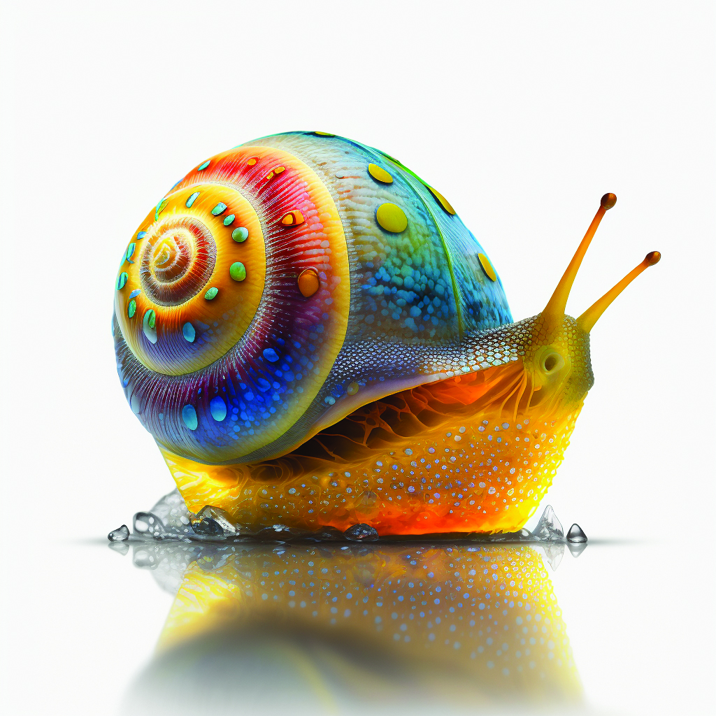 AI-generated image of a brightly colored snail on a white background. Snail shell spirals from turquoise to red to yellow, with contrasting bumps along the coil. The snail’s body is yellow orange, shading to pure yellow at the edges. Protruding horns are yellow with brown tips.