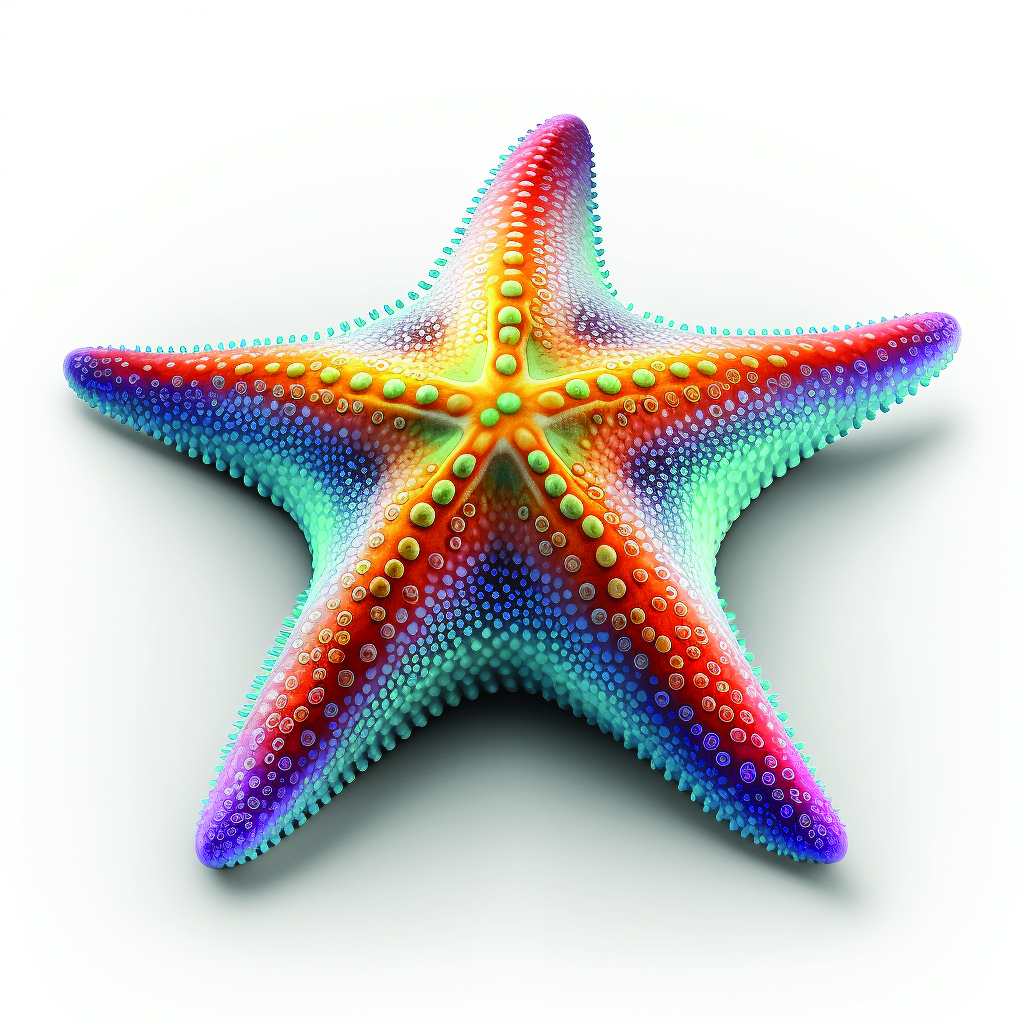 AI-generated image of a brightly colored starfish on a white background. Starfish color shades radially from orange at the center to red, purple, blue to turquoise. Shallow bumps in contrasting colors radiate along the arms.