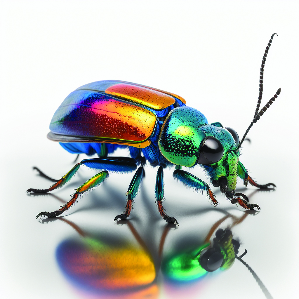 AI-generated image of a brightly colored iridescent beetle sits on a white background and is reflected in the white ground surface. Wing cases are shiny yellow-orange shading to blue. Back of head is blue, shading to teal on the sides. Head is teal on top, shading to green on the sides. Antennae are segmented and black. There are too many legs, due to a glitch in the AI generating software: 5 on one side and 2 at the front.