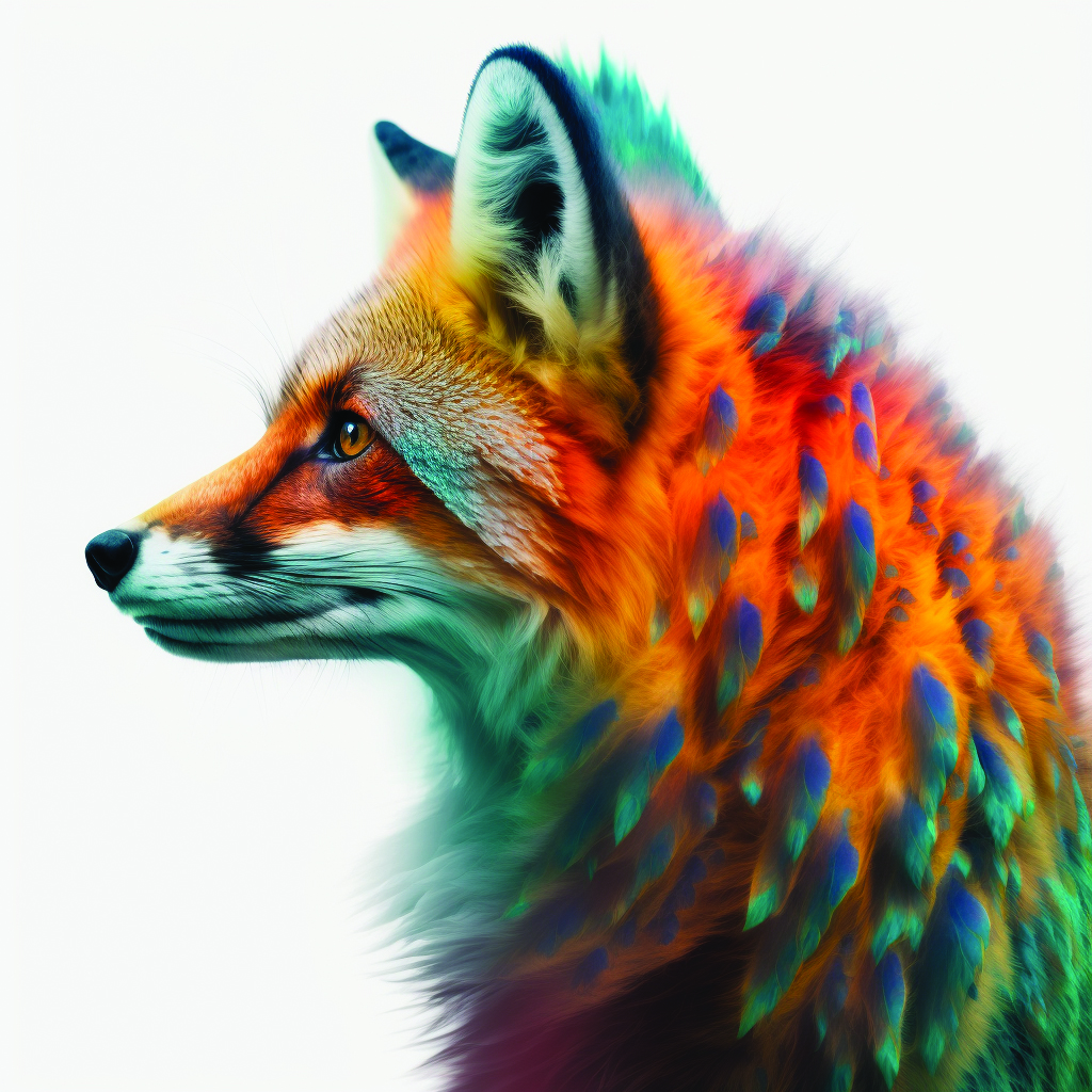 AI-generated image of a brightly colored red fox against a white background. Fox is in profile, facing left, and has red-orange fur, shading to white around the jaws and ears. Brilliant blue-green feathers are interspersed with orange down on the fox’s neck and back.