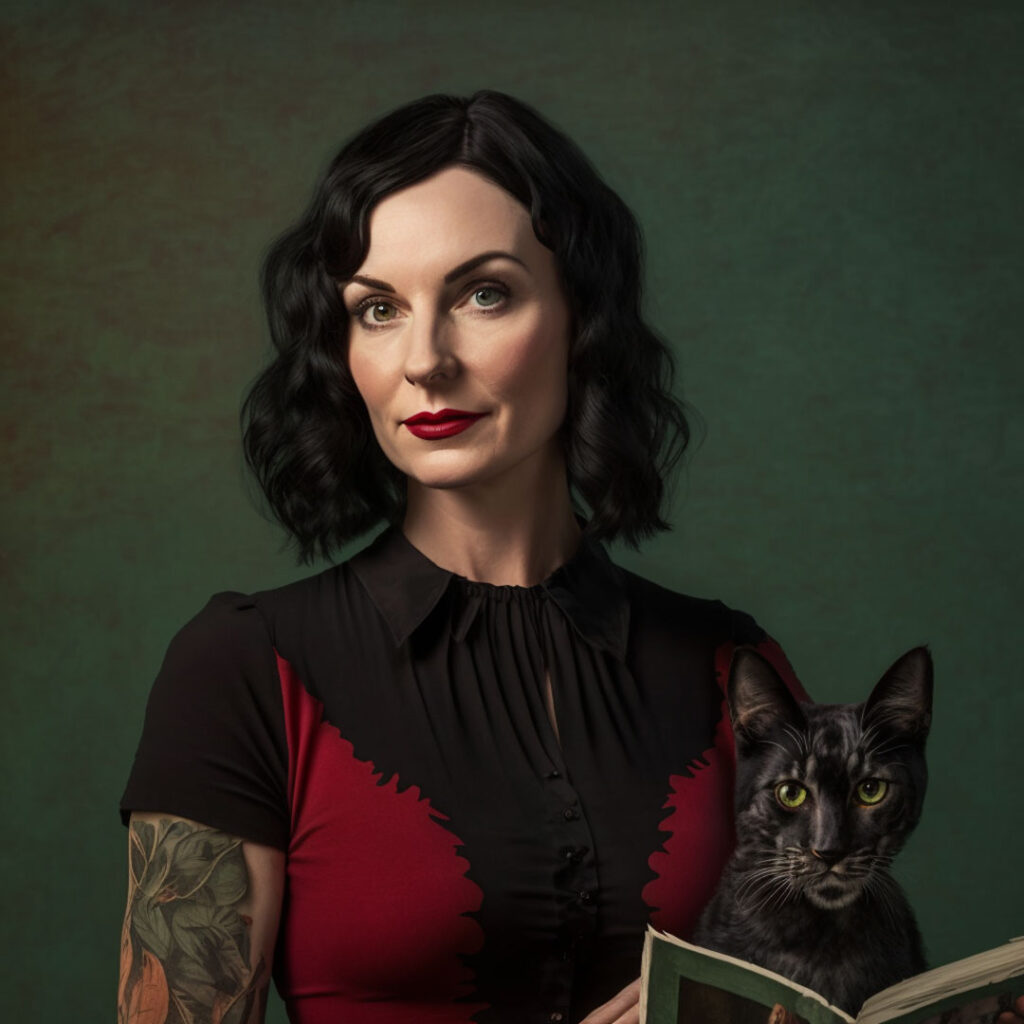 Adelaide Farr is a Caucasian woman in her early 40s with shoulder-length black hair and dark green eyes. She is wearing a black and red shirt and holds a tattered book in her hands. She's looking straight at the viewer, with a small smile. She has a large tattoo of leaves on her upper right arm. She's also holding a black cat with green eyes.