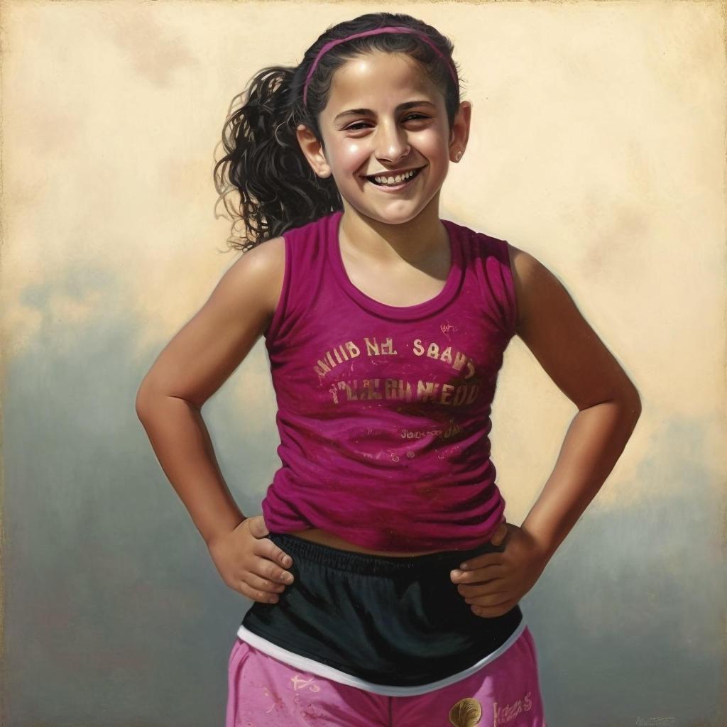 Amira Sa'id is a 12-year-old girl of Middle Eastern descent, with dark hair and eyes and medium dark skin. She's smiling brightly and has her hands on her hips. She's wearing a dark pink tank top with indecipherable gold writing. She has a headband and her hair is in a ponytail. She wears black and pink shorts with indecipherable gold writing.