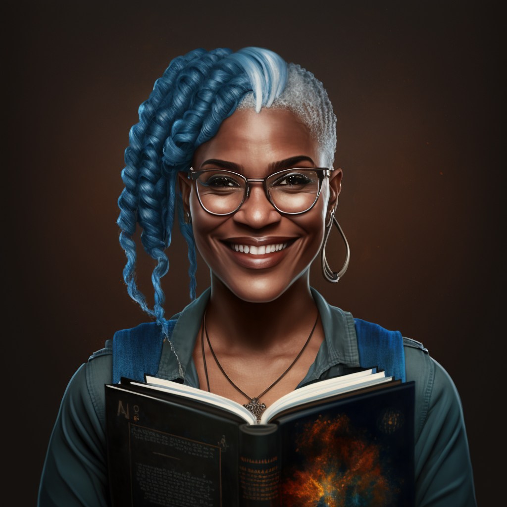 Lorraine Toussaint is a French-Algerian woman in her mid-30s with bright blue hair in cornrow braids on her right side and white hair cropped short on her left side. She has dark skin and brown eyes, wears glasses and is smiling at the viewer. She is holding a large black book open against her chest. The book has indecipherable letters or markings on the front, back and spine. There's an illustration of what looks like a cloud of fire on the front cover.