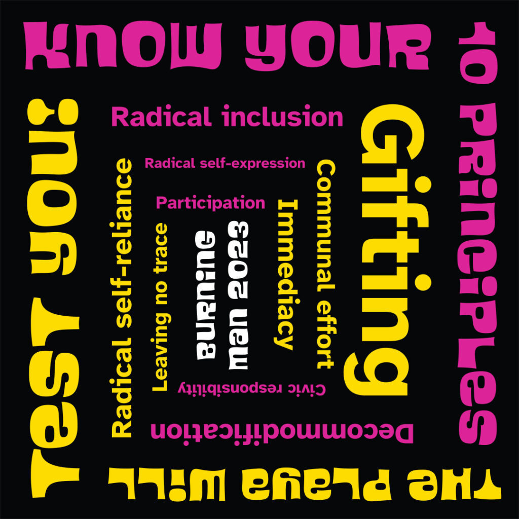 Black background in a square format. Along the top border of the square, in a funky 1960s typeface, in bright pink: "Know your"; along the right border, facing in, also in bright pink: "10 Principles"; along the bottom edge, facing in (upside down), in bright yellow: "The Playa will"; along the left edge, facing in, also in bright yellow: "test you!"  Similarly, the 10 Principles, in a sans serif font, in a rectangular "spiral" in towards the center of the sticker, with one principle per side, alternating pink and yellow, and facing in. In the middle is "Burning / Man 2023" in the funky font, in white.