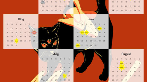 1950s pinup-style illustration of a woman in a black bathing suit riding backwards on a huge black cat with three red eyes. Image is cropped so she is shown from the waist down. The background is a deep rust red. Pale white squares are staggered across the image with month days and numbers. Some numbers are replaced with names and there's an 8-pointed star behind them to indicate an event: yellow for a human or cat birthday; red for the adoption of a cat; gray for the death of a cat.