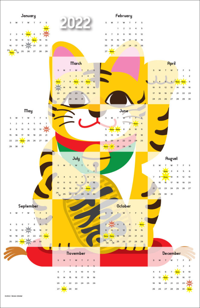 Anime-style illustration of a tiger-striped Maneki Neko, or "Good Luck/Prosperity Cat," with its left paw raised in greeting/blessing. These are often displayed in businesses. Pale white squares are staggered across the image with month days and numbers. Some numbers are replaced with names and there's an 8-pointed star behind them to indicate an event: yellow for a human or cat birthday; red for the adoption of a cat; gray for the death of a cat.