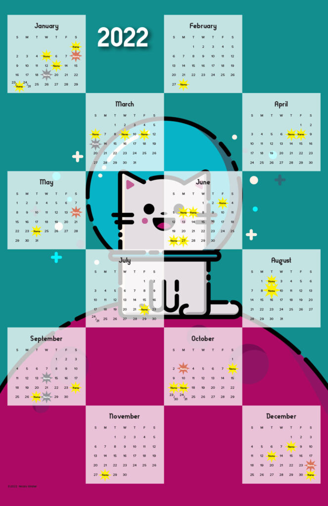 Cartoon-style image of a happy white cat with an astronaut's helmet on, sitting on top of a deep pink planes. The background is deep teal. Pale white squares are staggered across the image with month days and numbers. Some numbers are replaced with names and there's an 8-pointed star behind them to indicate an event: yellow for a human or cat birthday; red for the adoption of a cat; gray for the death of a cat.