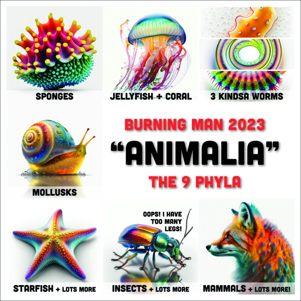 A square sticker with a white background: on it, arranged in a grid, are brightly colored AI generated images for the 9 phyla of the Animal Kingdom. L to R and top to bottom:  sponges; jellyfish and coral;"3 kindsa worms, representing flatworms, roundworms and segmented worms; mollusks, "starfish + Lots more"; insects "+ lots more";  and "mammals and lots more."