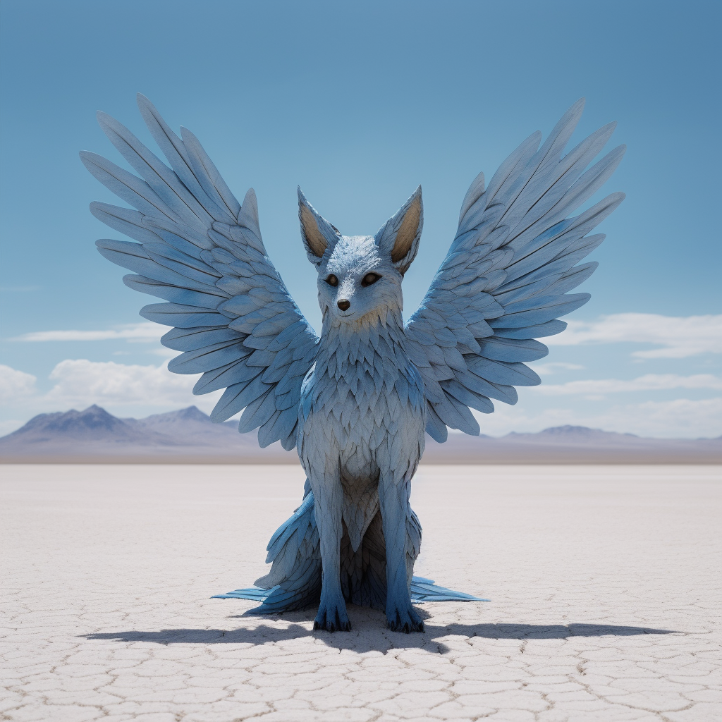 The background is a photorealistic  outdoor shot of the Black Rock Desert in Nevada, where Burning Man is held. The dry, cracked, light-colored playa stretches back to mountains in the horizon, with low clouds above them. The sky is bright blue and the sun is directly overhead. In the foreground is a kit fox sitting on its haunches. It is covered with blue feathers and has a large pair of wings, outstretched, jutting from its shoulders. The insides of the ears are bright yellow-gold.