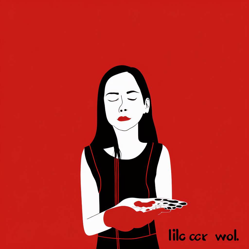 Image 5 (blended) with flat areas of color. Red background; female figure in short black sleeveless dress, shown to below waist, has eyes shut and pained expression. Her lips are bright red. The left hand and red fingernails have been replaced by a floating red mass. The right hand is distorted and has elongated black ovals replacing the fingernails. Text on right side reads "lilo ccr wol."