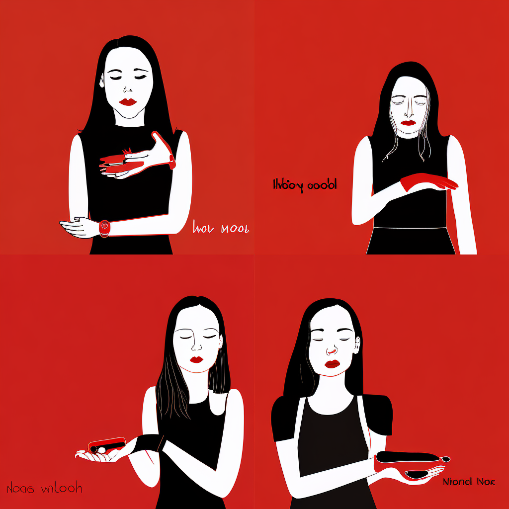 Image 6 (2x2 blended images) with flat areas of color. Red backgrounds; female figures in short black sleeveless dress, shown to below waist, have eyes shut and neutral or pained expressions. Their lips are bright red. On each, one hand is raised and there is black or white text on the right or left side.