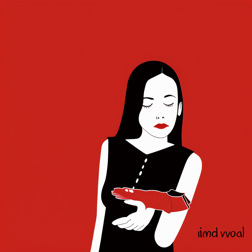 Image 4 (blended) with flat areas of color. Red background; female figure in short black sleeveless dress, shown to below waist, has eyes shut and sad expression. She has stylized fringed eyelashes and her lips are bright red. Her hand has six fingers. A red glove floats sideways in front of her. Her left arm ends at the elbow. Text on right side reads "iimd vvoal."