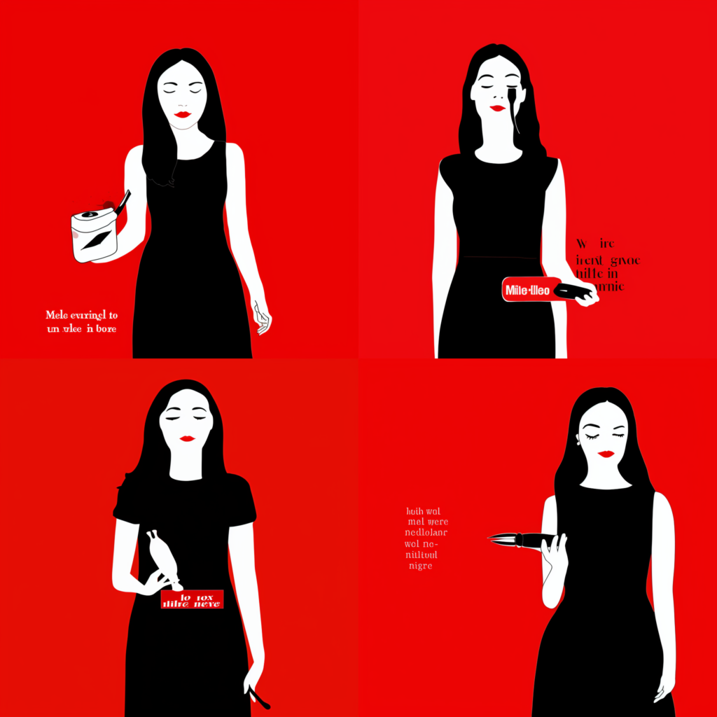 Image 8 (2x2 blended images) with flat areas of color. Red backgrounds; 4 female figures in short black sleeveless dress, shown to below hip, have eyes shut and neutral expressions. Their lips are bright red. On each, both hands are at waist height or higher, holding an object. There is writing on the dress or object.