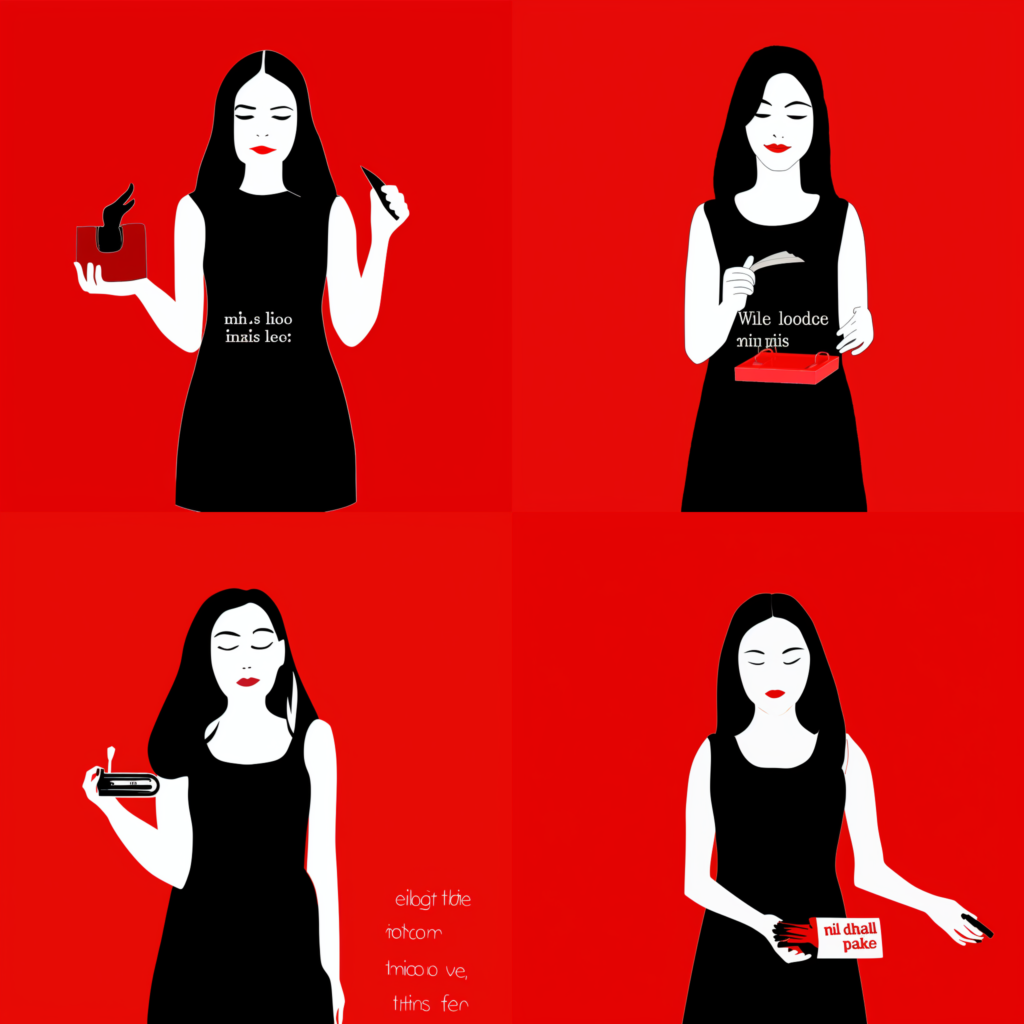 Image 7 (2x2 blended images) with flat areas of color. Red backgrounds; 4 female figures in short black sleeveless dress, shown to below hip, have eyes shut and neutral expressions. Their lips are bright red. On each, both hands are at waist height or higher, holding an object. There is writing on the dress or object.