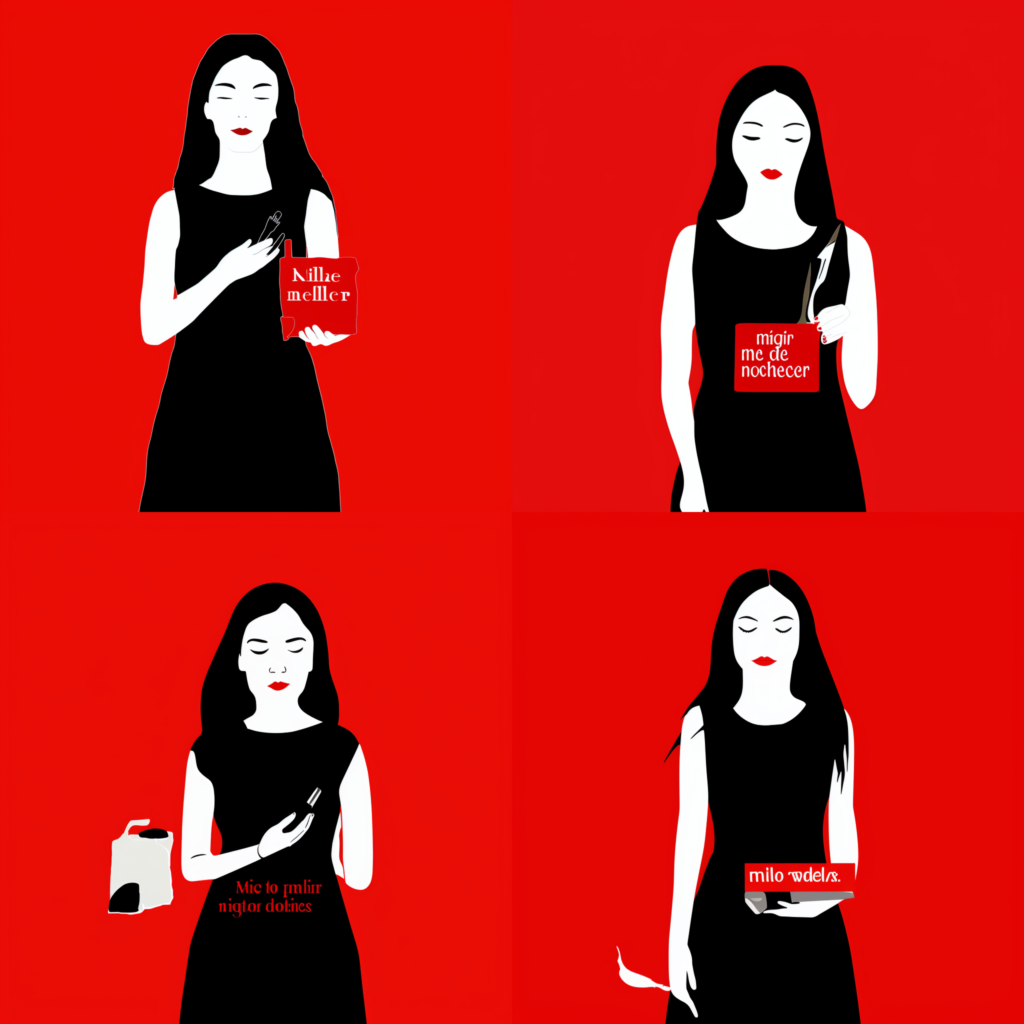 Image 9 (2x2 blended images) with flat areas of color. Red backgrounds; 4 female figures in short black sleeveless dress, shown to below hip, have eyes shut and neutral expressions. Their lips are bright red. On each, both hands are at waist height or higher, holding an object. There is writing on the dress or object.
