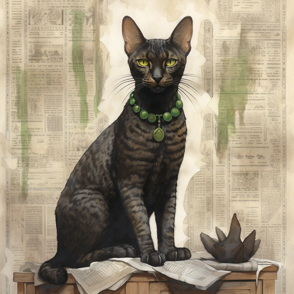 Watercolor-type illustration of a large, dark, domestic cat with spots and stripes. The cat is sitting on a pile of ancient-looking paper or manuscripts with indecipherable text, on top of a wooden table or desk. An irregularly shaped object, perhaps made of stone, weighs down other papers on the desk. The cat wears a necklace of large green beads, with a teardrop-shaped pendant. Behind the cat is a wall covered in light paper with indecipherable writing and designs. Soft green streaks run down part of the wall over the designs.