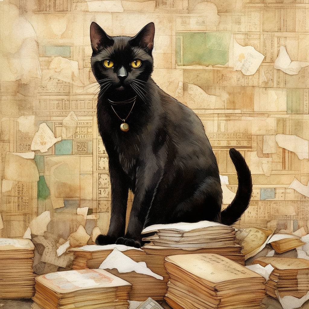 Watercolor-type illustration of a large, black, short-haired domestic cat. The cat is sitting on a pile of ancient-looking paper or manuscripts with indecipherable text, on top of a stack of books. The cat wears a gold necklace with a round gold pendant and is looking straight at the viewer. Behind the cat is a wall covered in pieces of light-colored paper with indecipherable writing and designs.