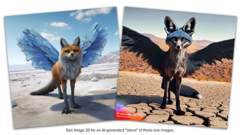 AI generated images of a fox with blue wings in a desert environment, created using Midjourney and Adobe Firefly software. Type below images reads "See Image 26 for an AI-generated “blend” of these two images."