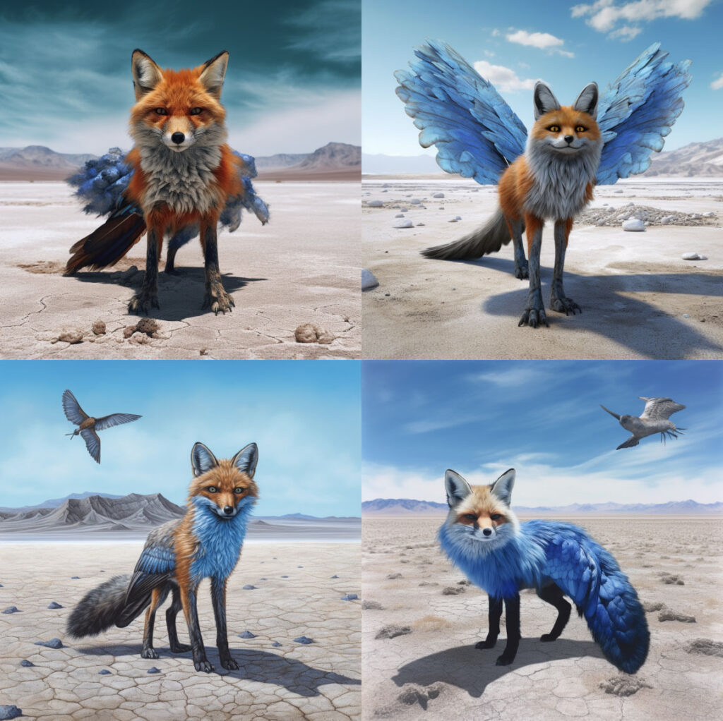 Midjourney images 1-4 - images sharp and fully rendered - photorealistic black rock desert Nevada with dry cracked ground, there is one fox vulpes macrotis looking at the viewer, 4 legs, brilliant bright blue outstretched feather 2 wings jutting from its shoulder