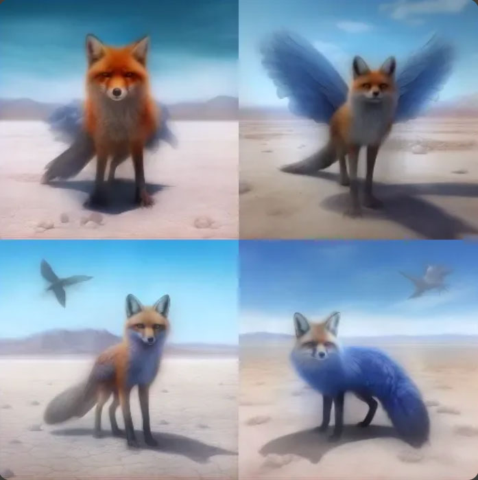 Midjourney images 1-4 - blurry, with images about 60% rendered - photorealistic black rock desert Nevada with dry cracked ground, there is one fox vulpes macrotis looking at the viewer, 4 legs, brilliant bright blue outstretched feather 2 wings jutting from its shoulder