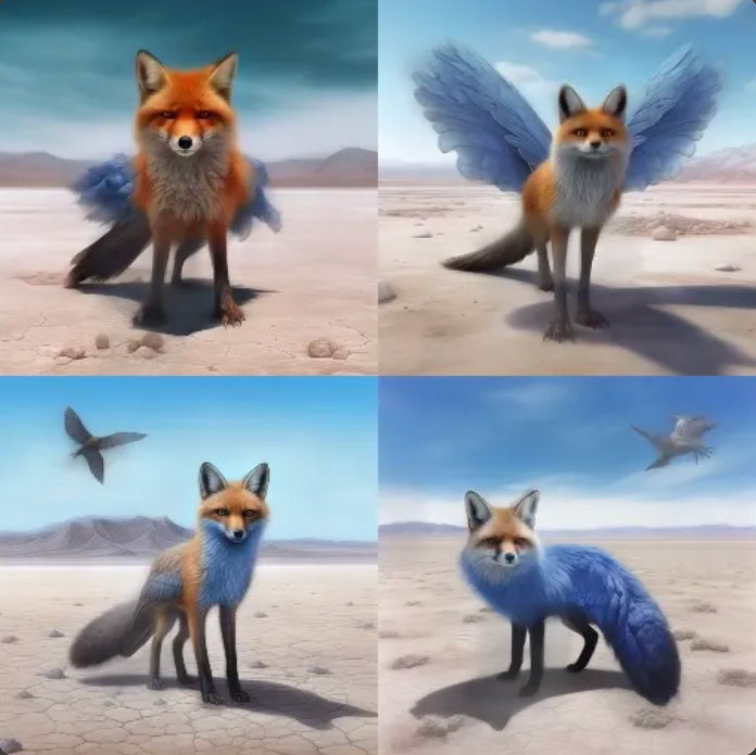 Midjourney images 1-4 - less blurry than "Partial Render 1," with images more fully rendered - photorealistic black rock desert Nevada with dry cracked ground, there is one fox vulpes macrotis looking at the viewer, 4 legs, brilliant bright blue outstretched feather 2 wings jutting from its shoulder