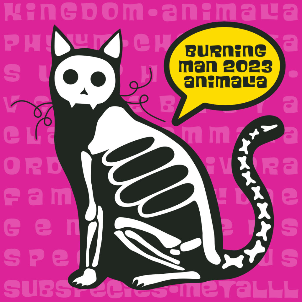Bright pink square sticker design with pale pink writing in a funky 1960s typeface, detailing the taxonomy of a domestic cat with an attitude: Kingdom - Animalia, Phylum - Chordata, Subphylum - Vertebrata, Class - Mammalia Order - Carnivora, Family - Felidae, Genus - Felis, Species - Catus, Subspecies – METALLL. Over that is an illustration of a stylized black cat outline and white skeleton. A speech bubble with a thick black outline and yellow background says "Burning / Man 2023 / Animalia" in black type