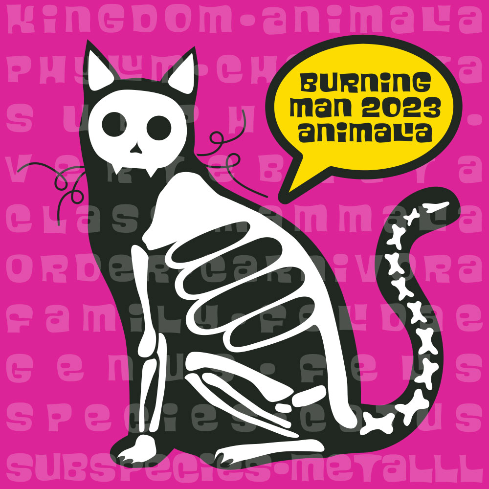 A bright pink square sticker design with partially transparent white writing in a funky 1960s typeface, detailing the taxonomy of a domestic cat with an attitude: Kingdom - Animalia, Phylum - Chordata, Subphylum - Vertebrata, Class - Mammalia Order - Carnivora, Family - Felidae, Genus - Felis, Species - Catus, Subspecies – METALLL. Over the pink square but under the type is an illustration of a stylized black cat outline and white skeleton. Over that, a yellow speech bubble with a thick black outline says "Burning / Man 2023 / Animalia" in black type