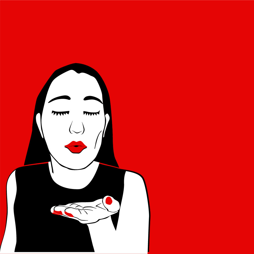 Image 2. Illustration with flat areas of color. Red background; female figure in short black sleeveless dress has eyes shut and is blowing a kiss. She has stylized fringed eyelashes and her lips are bright red. Her fingernails are short and painted red. 